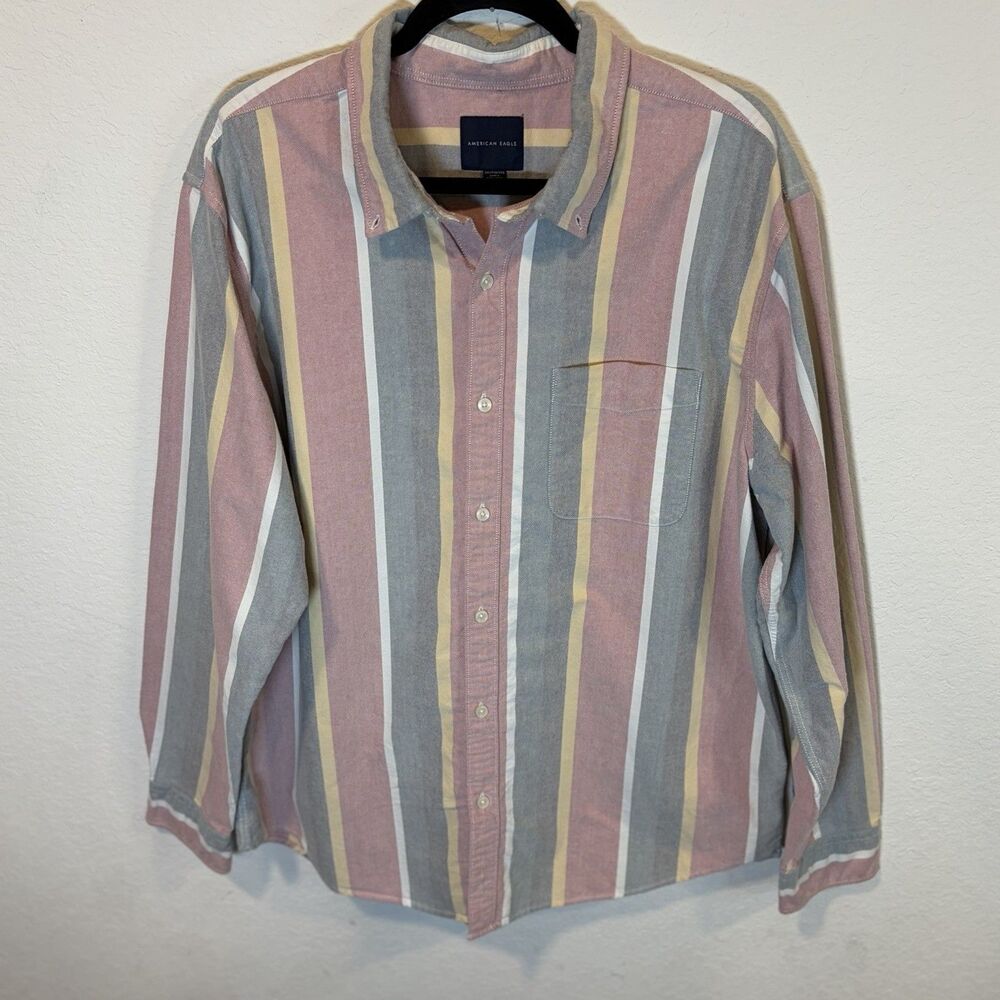 American Eagle Outfitters Men's XXL Striped Cotton Casual Button Long Sleeve